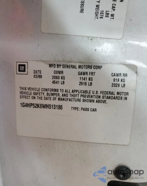 1998 Buick Lesabre Custom из США, поврежденный, VIN 1G4HP52K6WH513186